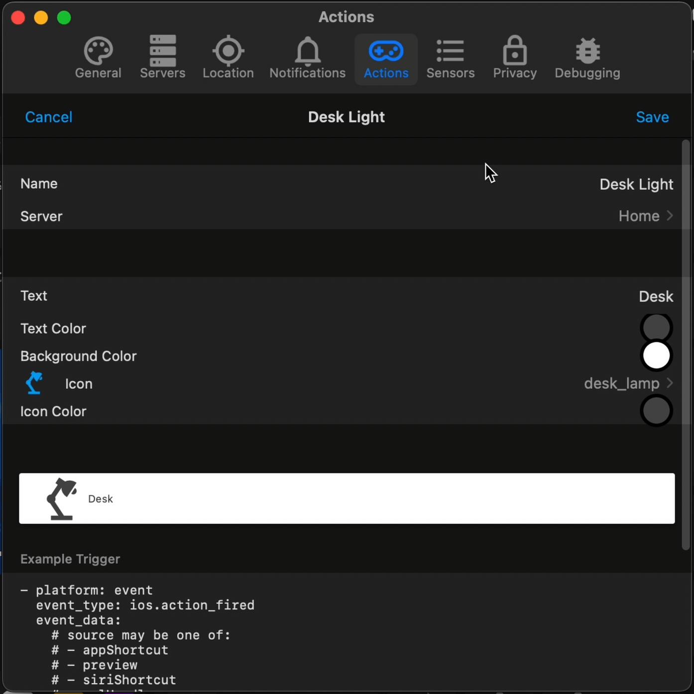 Action configuration window