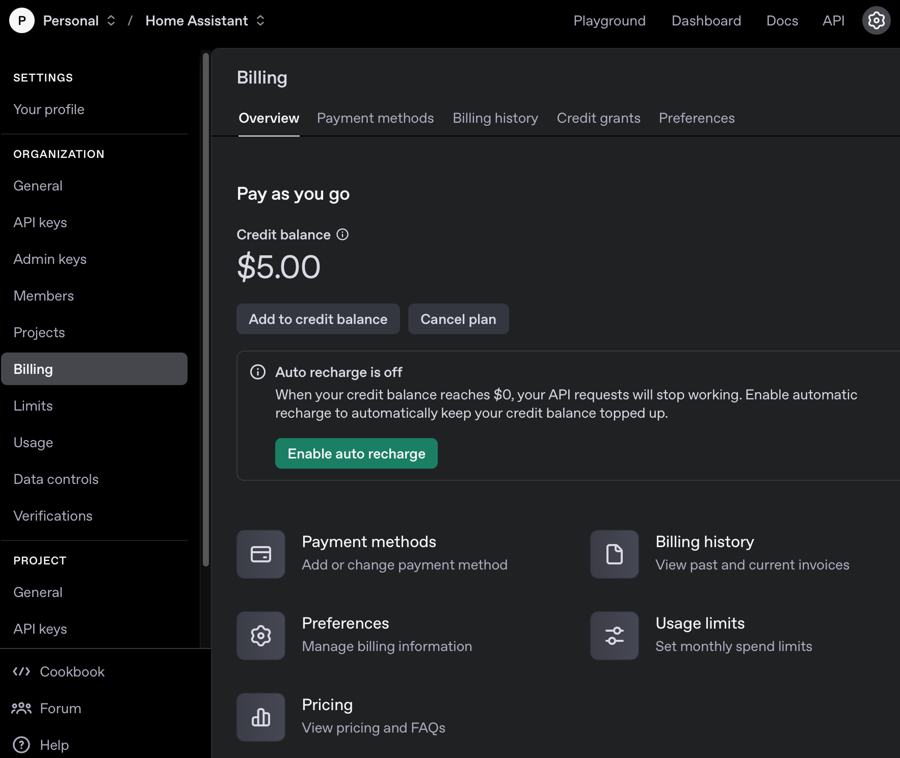 OpenAI billing page