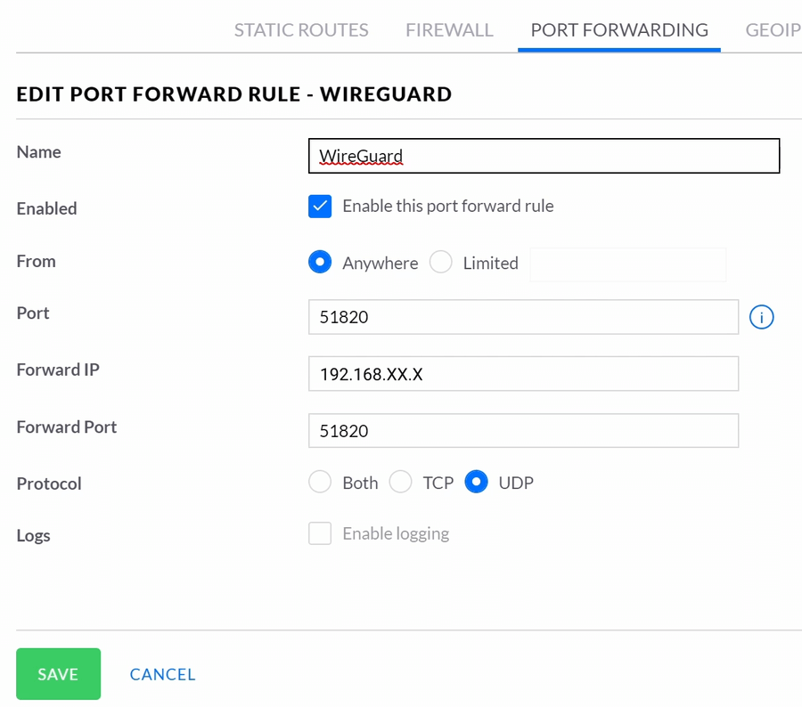 Port forwarding config